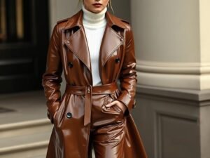 Woman wearing a brown patent trench coat layered over brown leather pants and a white turtleneck, styled in a bold, fashion-forward look