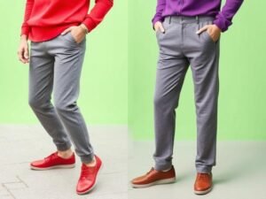 Grey pants styled with bold-colored shirts including red, yellow, and purple for a standout look