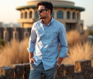 "Man wearing grey pants with a light blue shirt, standing in a casual outdoor setting"