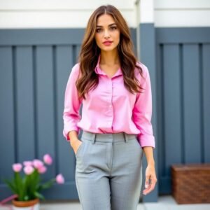 "Man wearing grey pants with a pastel pink shirt, presenting a stylish and light-toned outfit"