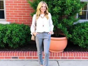 "Woman wearing grey pants with a white blouse, creating a polished and modern outfit"