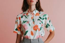 Woman wearing grey pants with a floral top for a cheerful casual outfit