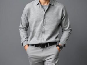 Man wearing a grey shirt with matching grey pants for a clean monochrome outfit