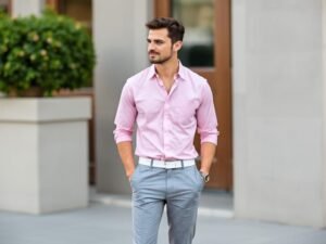 Man wearing grey pants and a pink shirt for a smart, stylish outfit