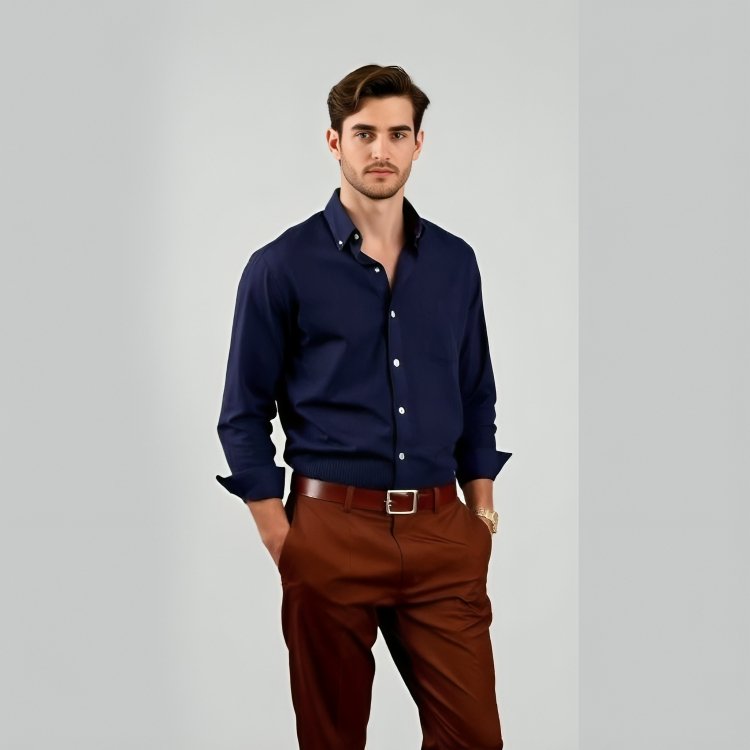 Navy blue shirts with brown pants (