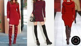 Woman wearing a red sweater dress styled with black boots, beige heels, and white pumps.