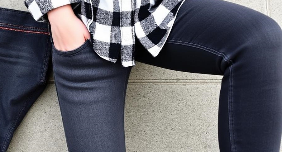 Person wearing dark grey jeans and a plain shacket, standing in a relaxed pose against a minimal background.