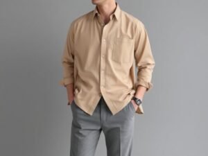 Man wearing grey pants with a beige shirt for a classic neutral-toned outfit