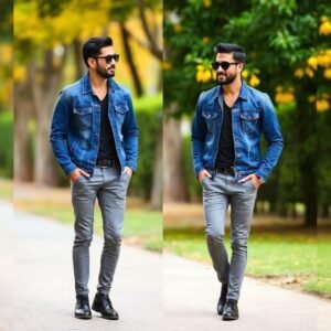 "Man wearing grey trousers with a denim shirt, showcasing a smart-casual fashion look"
