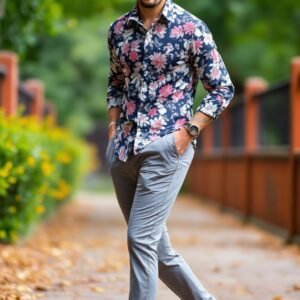 Man wearing grey trousers paired with a vibrant floral shirt for a trendy look