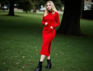 Woman wearing a red sweater dress styled with a long coat and boots, perfect for winter fashion