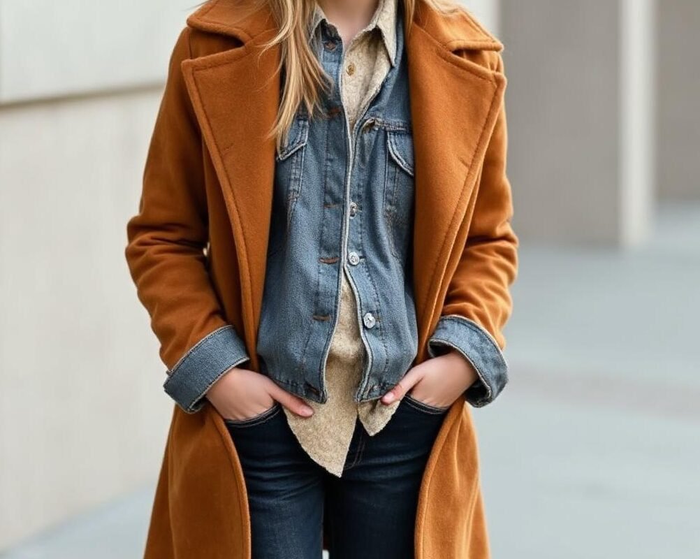 Woman wearing grey black jeans with a rust-colored sweater and scarf, styled for a cozy autumn or winter look.