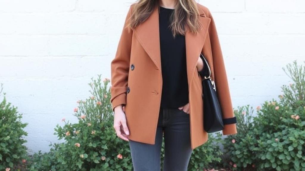 Woman wearing grey jeans with a long jacket coat, showcasing a minimal, stylish layered look in an urban setting.