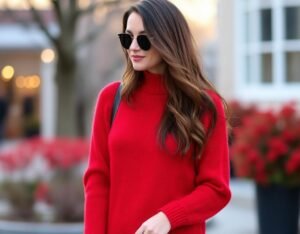 Woman wearing a red sweater dress, radiating confidence and bold winter style.