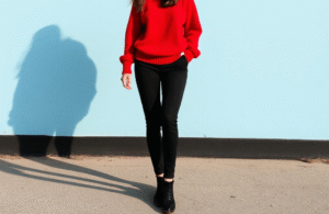 Woman wearing a red sweater and black pants posing confidently